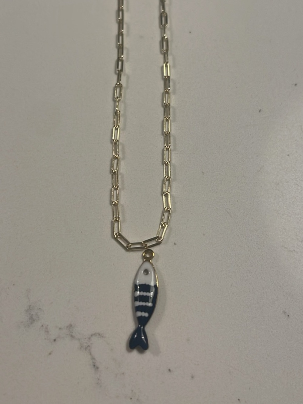 Gold Chain Necklace with Blue & White Fish Pendant